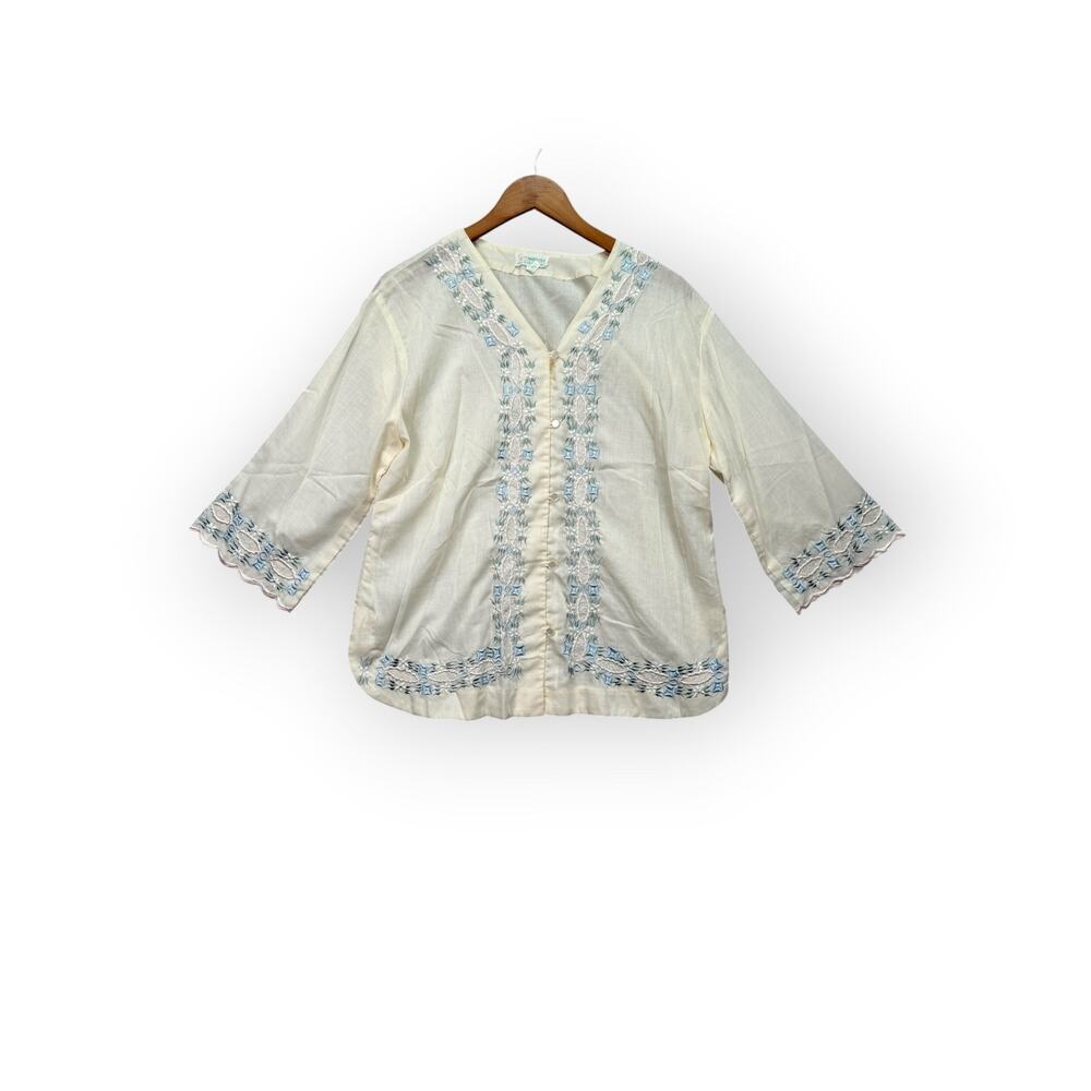 VTG Caro Of Honolulu Women's Embroidered Boho 60s Shirt Cream sz L